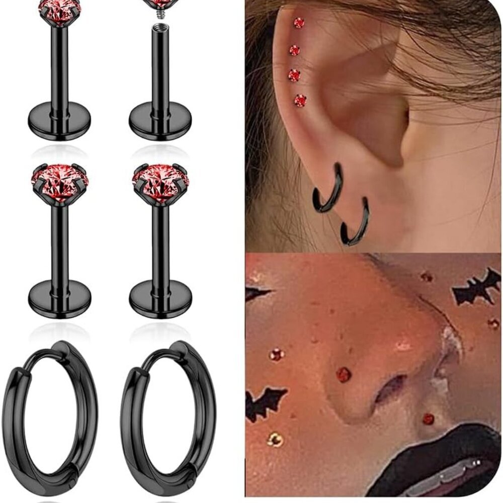 Black Stainless Steel Hypoallergenic Multiple Piercing Earring Set with CZ Stud